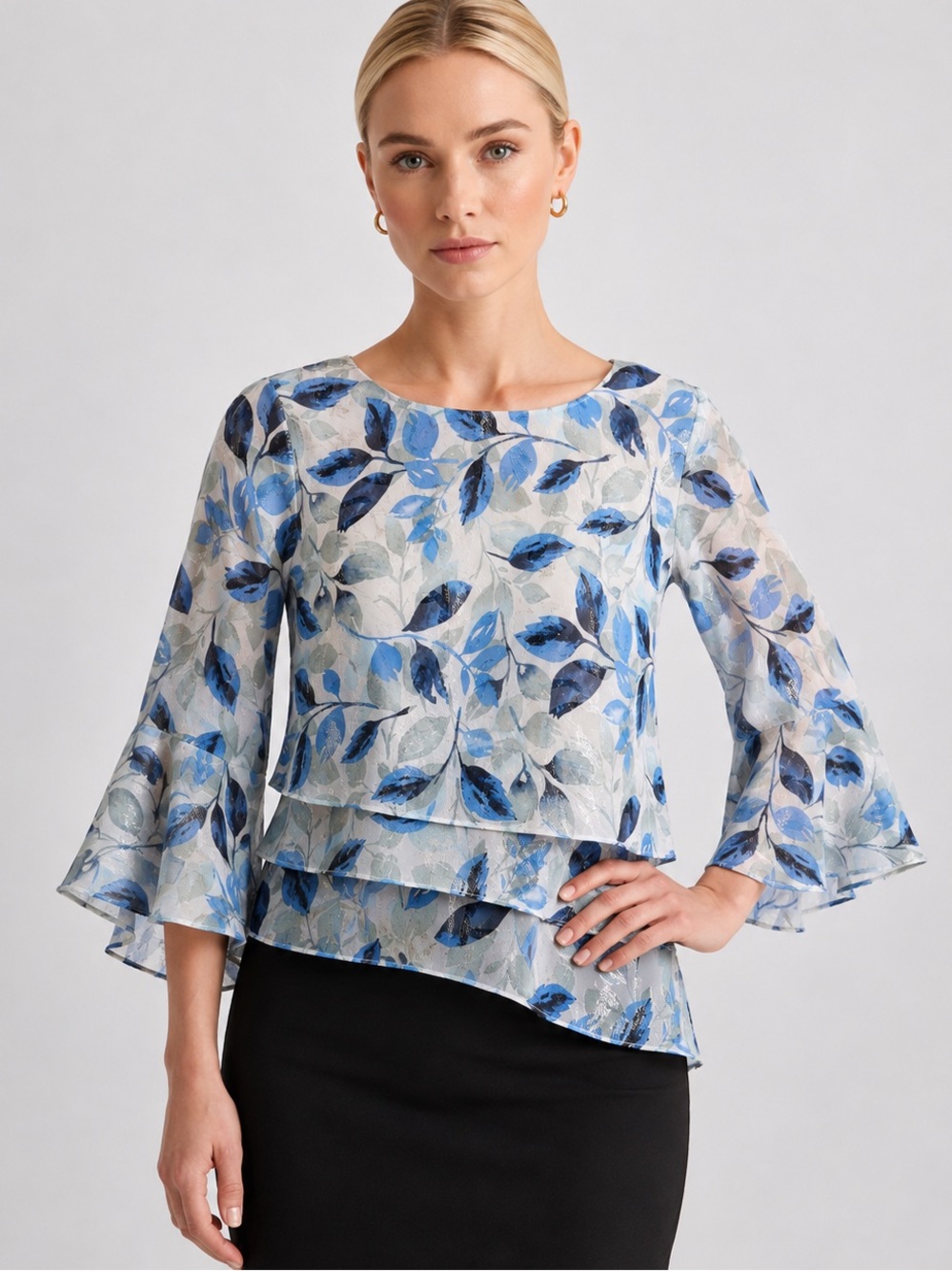 Alex Evenings Petite Blue Floral Metallic Asymmetric Blouse Size Small Petite